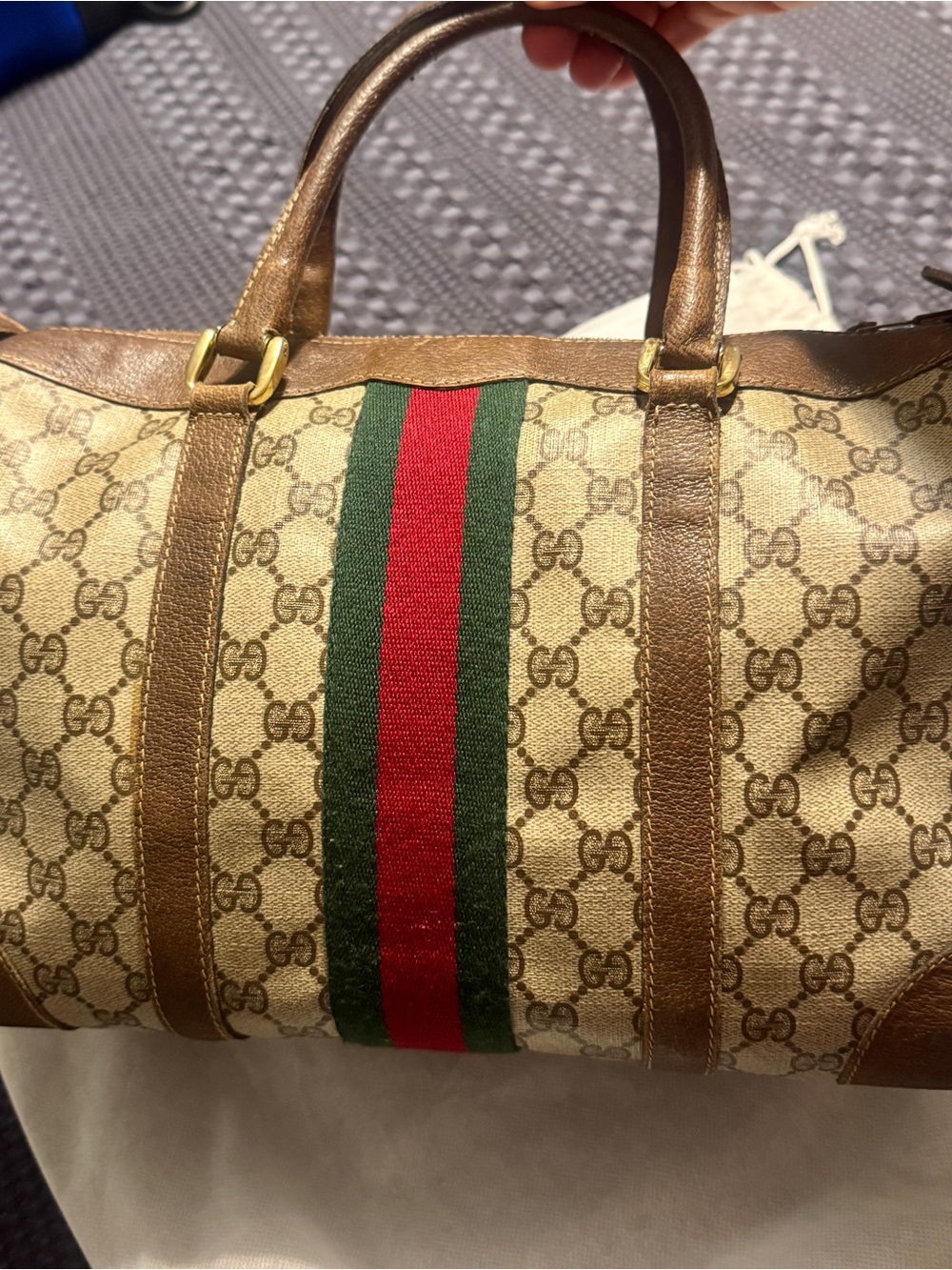 EUC Gucci Beige Monogram Boston bag with Green and Red Web Stripe